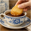 Close-up of well-groomed hands dipping an Island Bakery Shortbread biscuit into a blue-and-white porcelain teacup filled with rich amber English breakfast tea on a wooden surface.